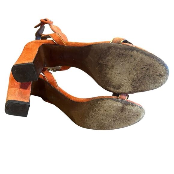 Revolve Tabitha Simmons Orange Suede Leather Scalloped Sandals Block Heels - Picture 5 of 11